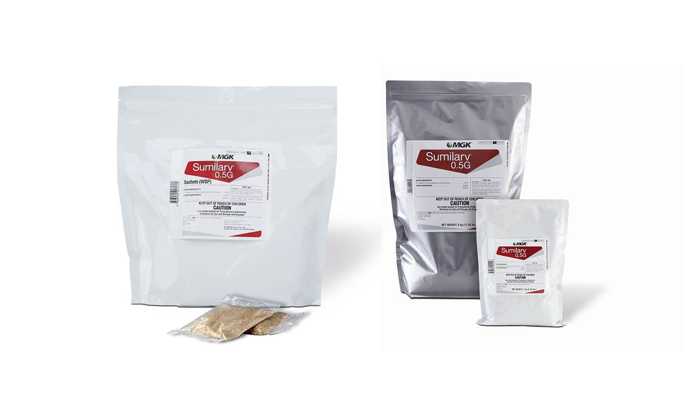 Products pictured: Sumilarv WSP and sachets, Sumilarv 0.5G in two sizes